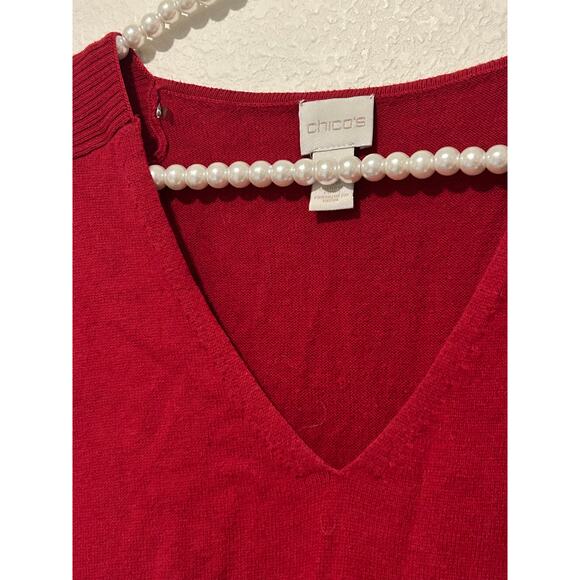 Chicos Size 1 US Medium Red Tunic Sweater Stretch Short Sleeve Silk V-Neck Top - Picture 6 of 16